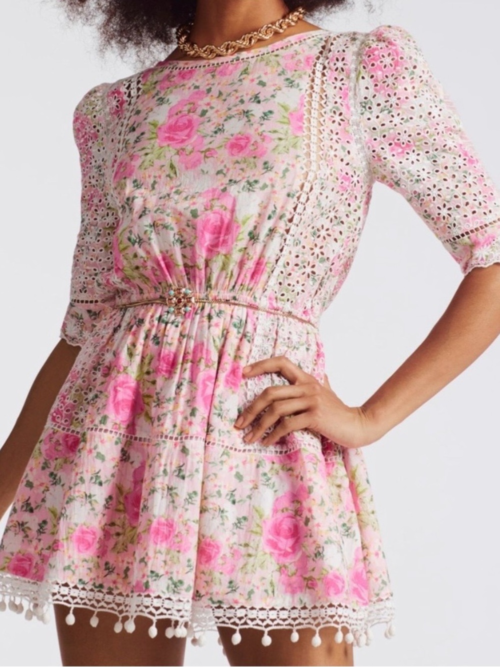 LOVESHACKFANCY NOVALIE PINK FLORAL COTTON MINI DRESS SMALL VERY GOOD CONDITION